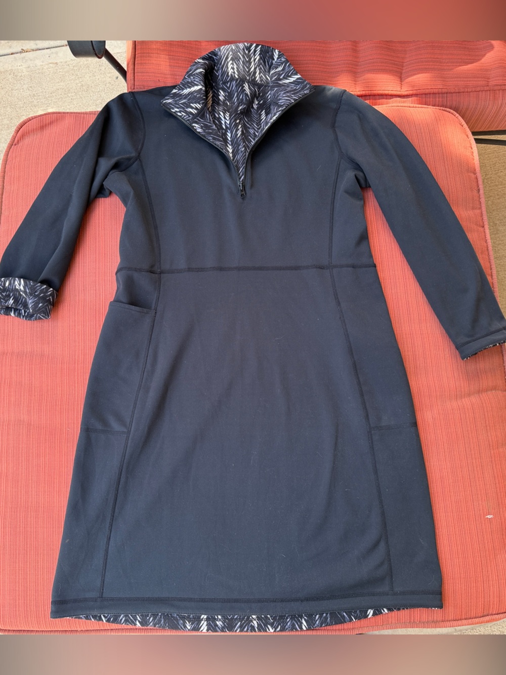 Title Nine Reversible Black 7/8 Sleeve Quarter-Zip Dress with Patterned Trim
